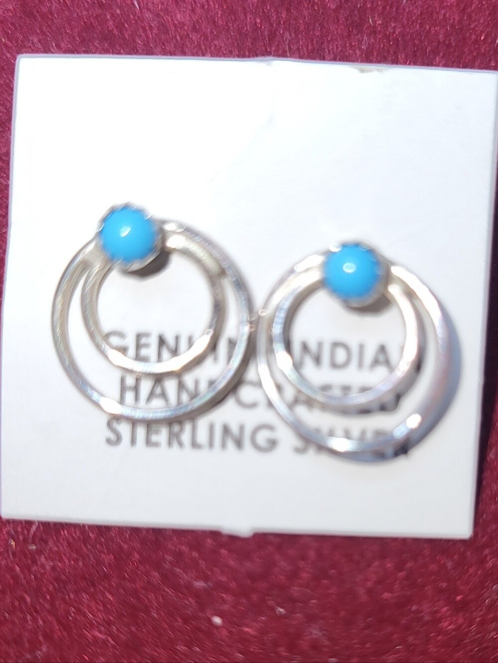 Native American Made 925 Sterling Silver Hoop Earrings with Turquoise Blue Stone